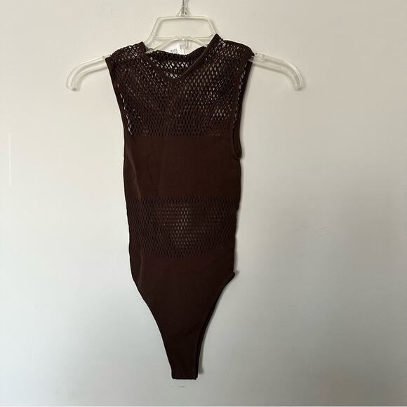 New Zara Brown Seamless Mesh Bodysuit Top Size Large - Picture 6 of 13